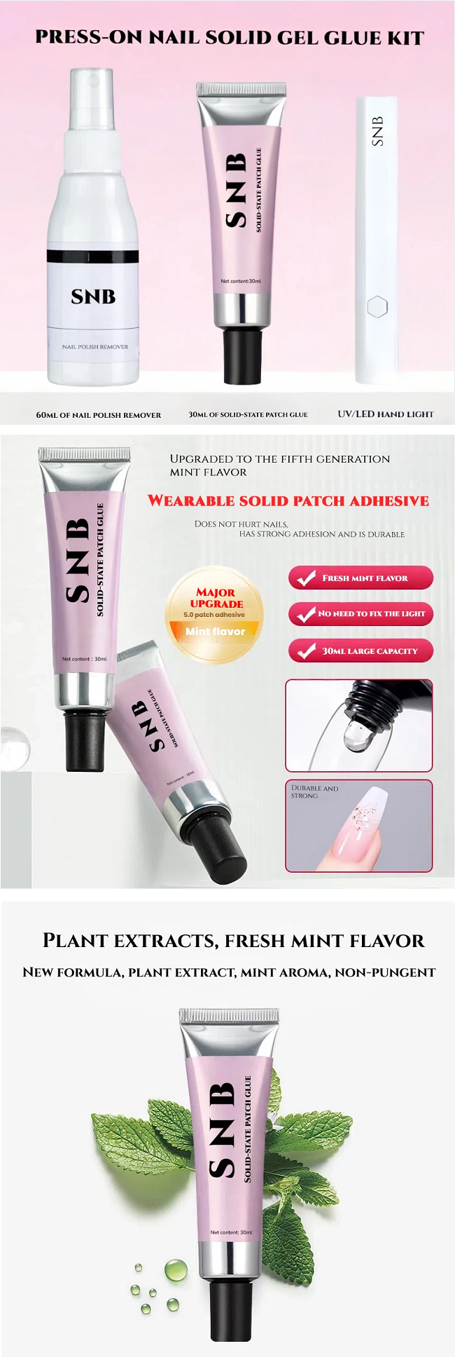 Solid Patch Nail Trio Kit(Solid Patch Adhesive, Nail Polish&glue Remover, UV Handheld Lamp)